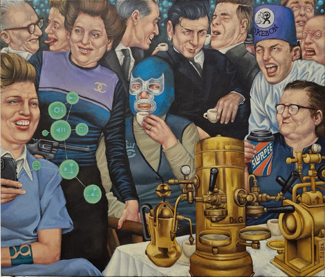 Gemälde 702, ESPRESSO TRINKER INFORMIEREN SICH ÜBER DIE GESCHÄFTSBEDINGUNGEN DES LEBENS AUF YOUTUBE  Acryl auf LEINWAND ,2021/ 2022, 60 x 70 cm