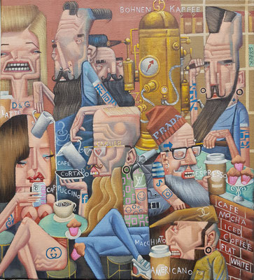 Gemälde 800,BÄRTIGE KAFFEE BOHNEN IN MITTE,Acryl auf Leinwand, 2024, 50 x 45 cm