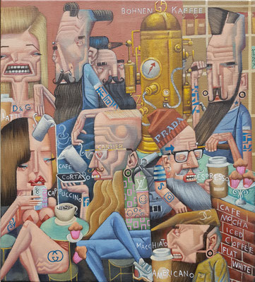 Gemälde 800,BÄRTIGE KAFFEE BOHNEN IN MITTE,Acryl auf Leinwand, 2024, 50 x 45 cm