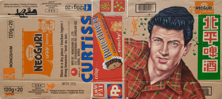 Gemälde 748,BUTTERFINGER,   Acryl auf Verpackungskarton  ,2022, 42  x 92 cm