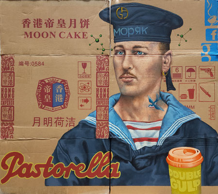 Gemälde 647, MOONCAKE , Acryl auf Verpackungs Karton  ,2020, 82 x 72 cm