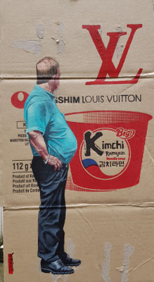 Gemälde 869, LOUIS VUITTON KIMCHI, Acryl auf Verpackungskarton,2025, 50 x 27 cm