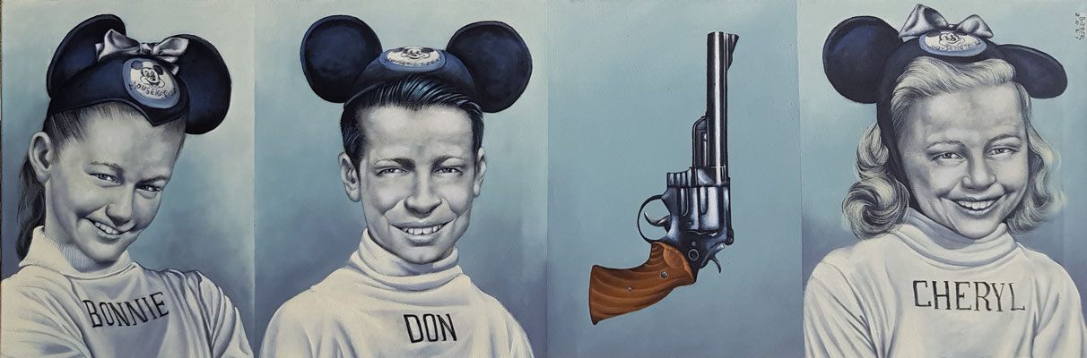 Gemälde 713, BONNIE,DON,CHERYL,SMITH & WESSON, Acryl auf Leinwand, 2021, 50 x 150 cm