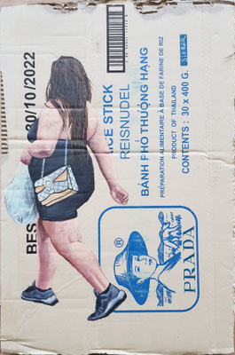 Gemälde 787,PRADA REISNUDEL,Acryl auf Verpackungskarton ,2023,49 x 33 cm
