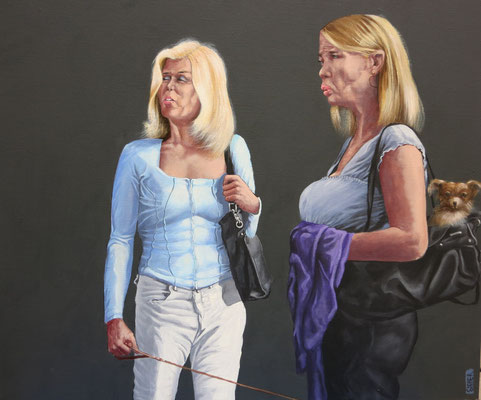 Gemälde  467 Hunde mit Frauen, Acryl auf Hartfaserplatte,2014, 50 x 60 cm