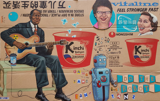 Gemälde 601 ,Kimchi, Acryl auf Pappe/ Verpackungskarton, 2018, 50 x 79 cm     