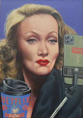 Gemälde 894, SELFIE FRAU D.(Marlene Dietrich )  Acryl auf Leinwand,2025, 55 x 35 cm