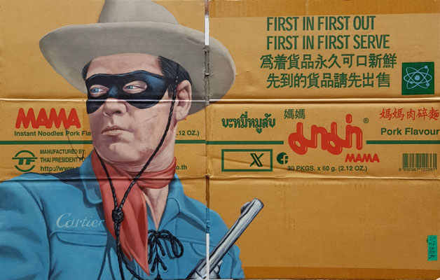 Gemälde 873,FIRST IN FIRST OUT, Acryl auf Verpackungskarton,2025, 40 x 62 cm