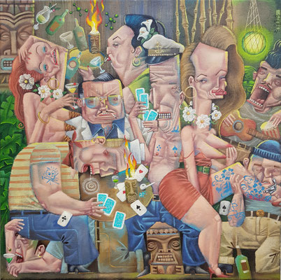 Gemälde 614, Kartenspiel & Getränke in Flammen im Schein des grünen Tiki Mondes,Acryl auf Leinwand, 2019, 50 x 50 cm    