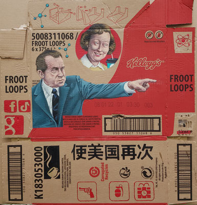 Gemälde 691 FROOT LOOPS,  Acryl auf Verpackungspappe, 2021, 58 x 55 cm