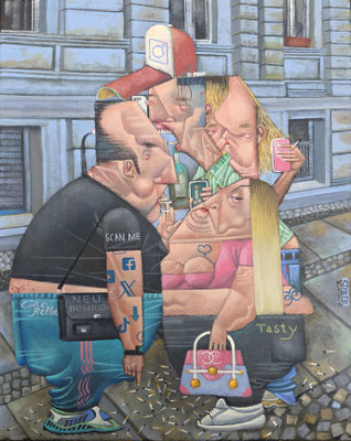 Gemälde 907,RAUCHERPAUSE BEIM BUSINESS SEMINAR, Acryl auf Leinwand,2026, 44 x 35 cm