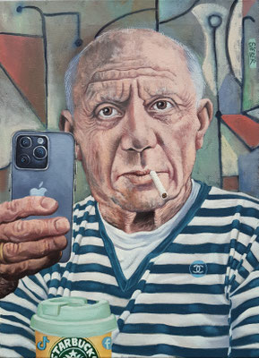 Gemälde 829, SELFIE MONSIEUR P. ( Pablo Picasso)Acryl auf Leinwand,2024, 55 x 40 cm 