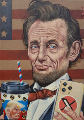 Gemälde 851,SELFIE MITER L.(Araham Lincoln), Acryl auf Leinwand,2025, 50 x 35 cm