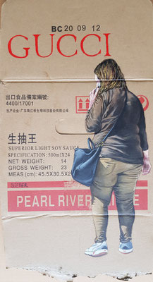 Gemälde 790 ,GUCCI SOY SAUCE,Acryl auf Verpackungskarton ,2023,54 x 31 cm