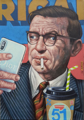Gemälde 846,SELFIE MONSIEUR S.(Jean Paul Sartre), Acryl auf Leinwand,2025, 50 x 35 cm