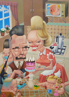 Gemälde 850,TRADEWIFE HAPPINESS, Acryl auf Hartfaserplatte,2025, 70 x 50 cm