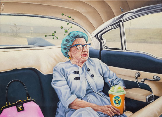 Gemälde 582 ,Backseat Lady , Acryl auf Leinwand, 2017, 40 x 55 cm        