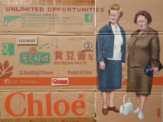 Gemälde 874,SOYA BEAN CHLOE, Acryl auf Verpackungskarton,2025, 46 x 60 cm