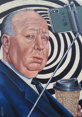 Gemälde 893, SELFIE MR. H.(Alfred Hitchcock) Acryl auf Leinwand,2025, 55 x 35 cm