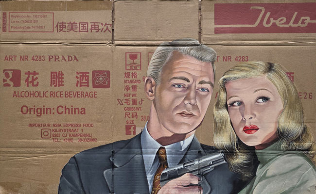 Gemälde 896, ALCOHOLIC RICE BEVERAGE , Acryl auf Verpackungskarton,2026, 49 x 79 cm