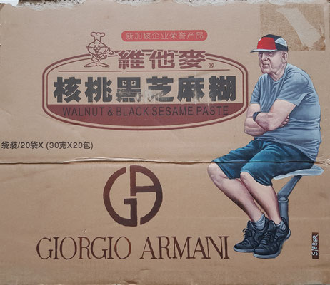 Gemälde 788 ,ARMANI SESAMPASTE,Acryl auf Verpackungskarton ,2023,45 x 52 cm