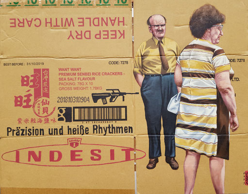 Gemälde 716, INDESIT  Acryl auf Verpackungs Karton  ,2022, 56 x 70 cm