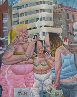  Gemälde  518. Junge dicke rauchende  Frauen in Gruppen, Acryl auf Leinwand, 2016, 40 x 50 cm    