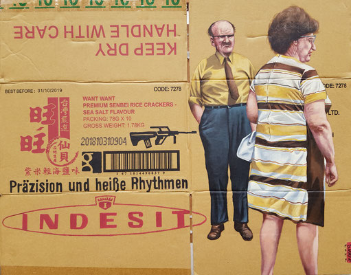 Gemälde 716, INDESIT  Acryl auf Verpackungs Karton  ,2022, 56 x 70 cm