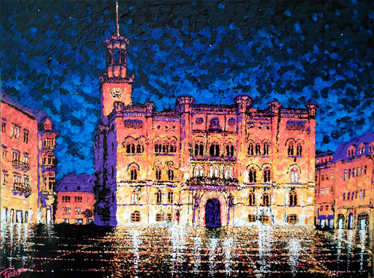 RATHAUS ZITTAU NACHTREGEN  | Acrylic on Canvas 40x30 cm |