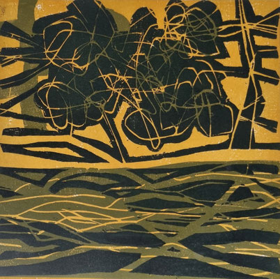 Marlis G. Schill, Flußlandschaft, Holzschnitt Unikat, 50x50, € 210,- (incl.Rahmen)
