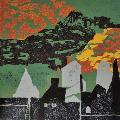 Marlis G. Schill, Abend vorm Berg, Holzschnitt Unikat, 50x50, € 210,- (incl.Rahmen)