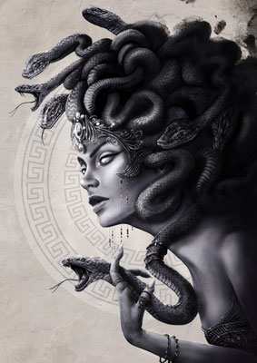 Jessica Börner, Medusa, Digital gezeichnet, Veredelung mit Schlagmetall Gold, 75x50, € 270,-