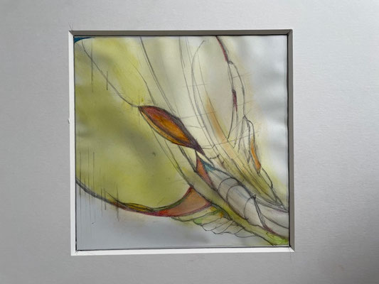 Renate Eugénie Mach, grün-rot, bewegt, Öl, Bleistift auf Papier, 30x30, € 129, gerahmt, mit Pass.