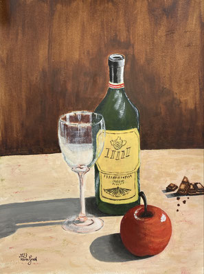 Marietta Groh, Stilleben Flasche Apfel Glas, Acryl Papier, 36x48, € 330,-