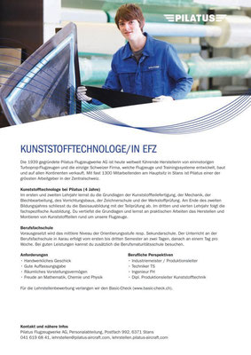 Flyer der Personalabteilung Pilatus Flugzeugwerke AG Stans/NW: Infos für Lernende für Print und Web