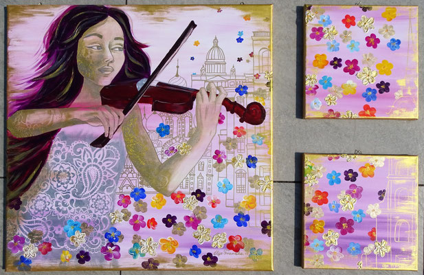 "Violinistin" Acryl Set 70x70; 2mal 30x30