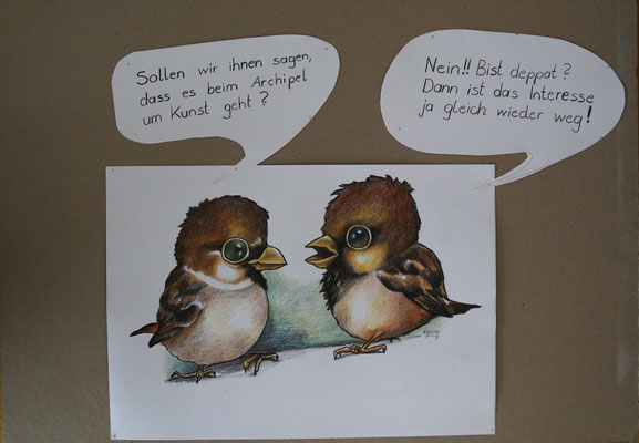 vol.36_Spatzenpost_Buntstift auf Papier_montiert auf 50x70cm