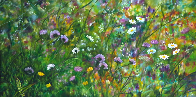 2022_Wiese mit Witwenblumen und Margeriten_60x120cm_Acryl_ungrundiertes Leinen