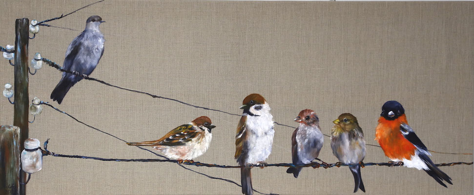 2022_Vögel auf einer Stromleitung_50x120cm_Acryl_ungrundiertes Leinen