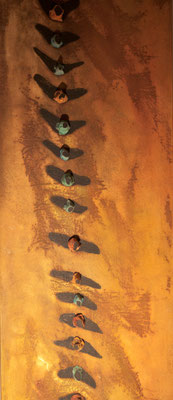 Colonna vertebrale, 2001 terracotta, limatura di ferro e olio su tela cm 240x42