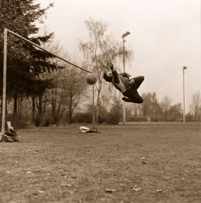 The goalkeeper in action, during a practice, 1975.