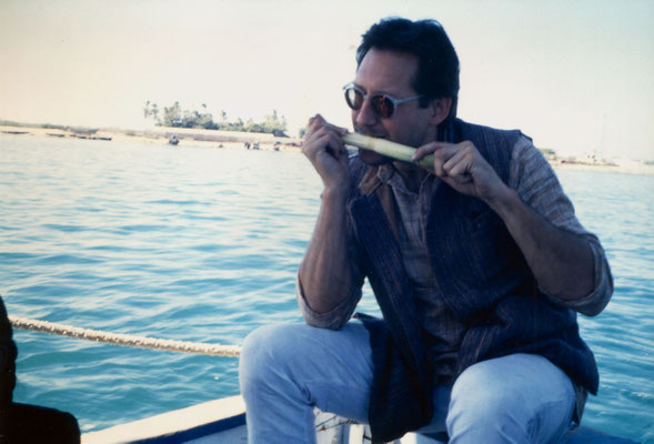 Enjoying  corn on a boat trip in Gujarat, 1991.