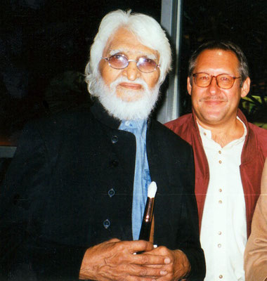 M.F. Husain and GandhiServe founder, Peter Ruehe, in Berlin, 2000.