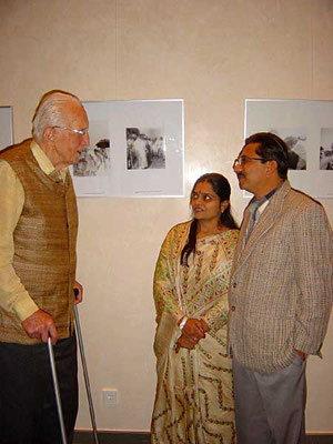 Former ambassador of GDR and associate of Mahatma Gandhi, Mr. Herbert Fischer (left) talking with the guests of honour, Mr. Yogesh Goda and his wife Mrs. Saroj Goda.