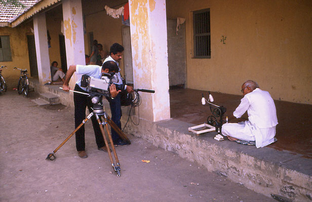 Prabhudas Gandhi getting filmed while spinning on Amber Charkha at Kasturba Ashram near Rajkot, January 1, 1988.