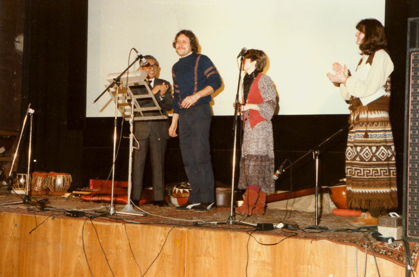 During the inauguration of the first exhibition on Mahatma Gandhi in Germany, UFA Fabrik, Berlin-Tempelhof, 1984. Left: Indian Consul General, Mr. Chakravarty. From right: Christiane Böttcher (translator) and Samantha Hume (co-worker at GIZ).