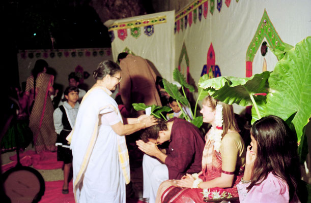 The newly wed couple receiving blessings from Abhabehn Gandhi during a reception at Rashtriyashala Ashram, Rajkot, Gujarat, 1994.