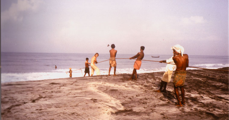 Assisting fishermen in South India, 1983.