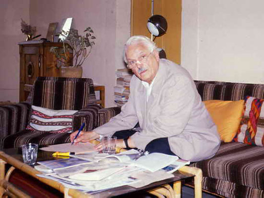 Dr. Rainer Hildebrandt (Human Rights Museum, Berlin) preparing his speech for the inauguration, Beit Noah, Musrara, Jerusalem. Photograph: Peter Rühe