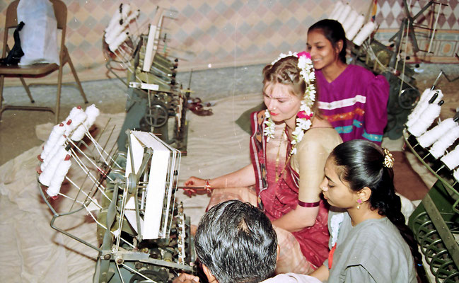 The Gandhian part of the wedding ceremony: spinning a quantum of yarn, Savarkundla, 1994.